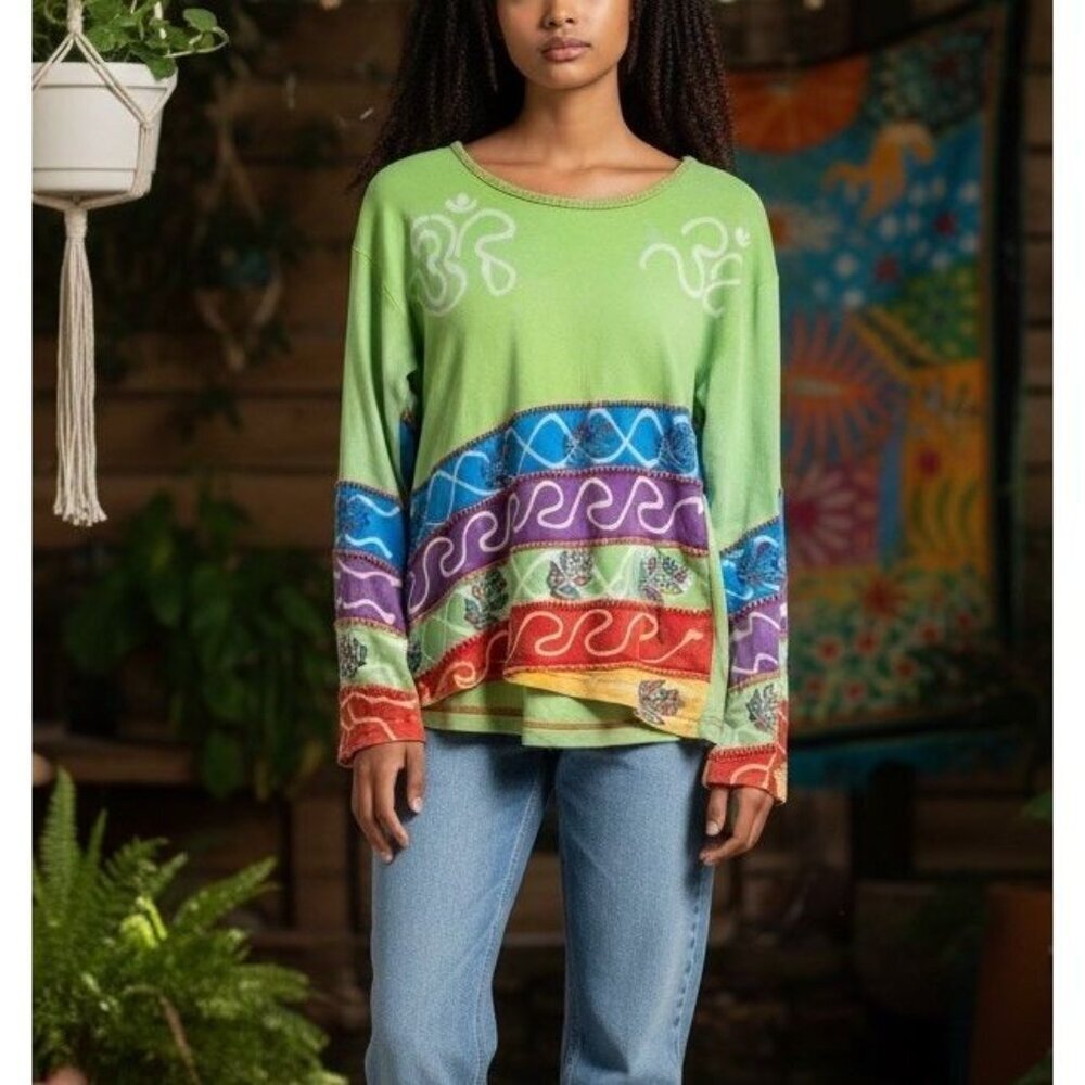 Agan Traders Sz M Multicolor Artsy Boho Hippie Festival Bell Long Sleeve Top